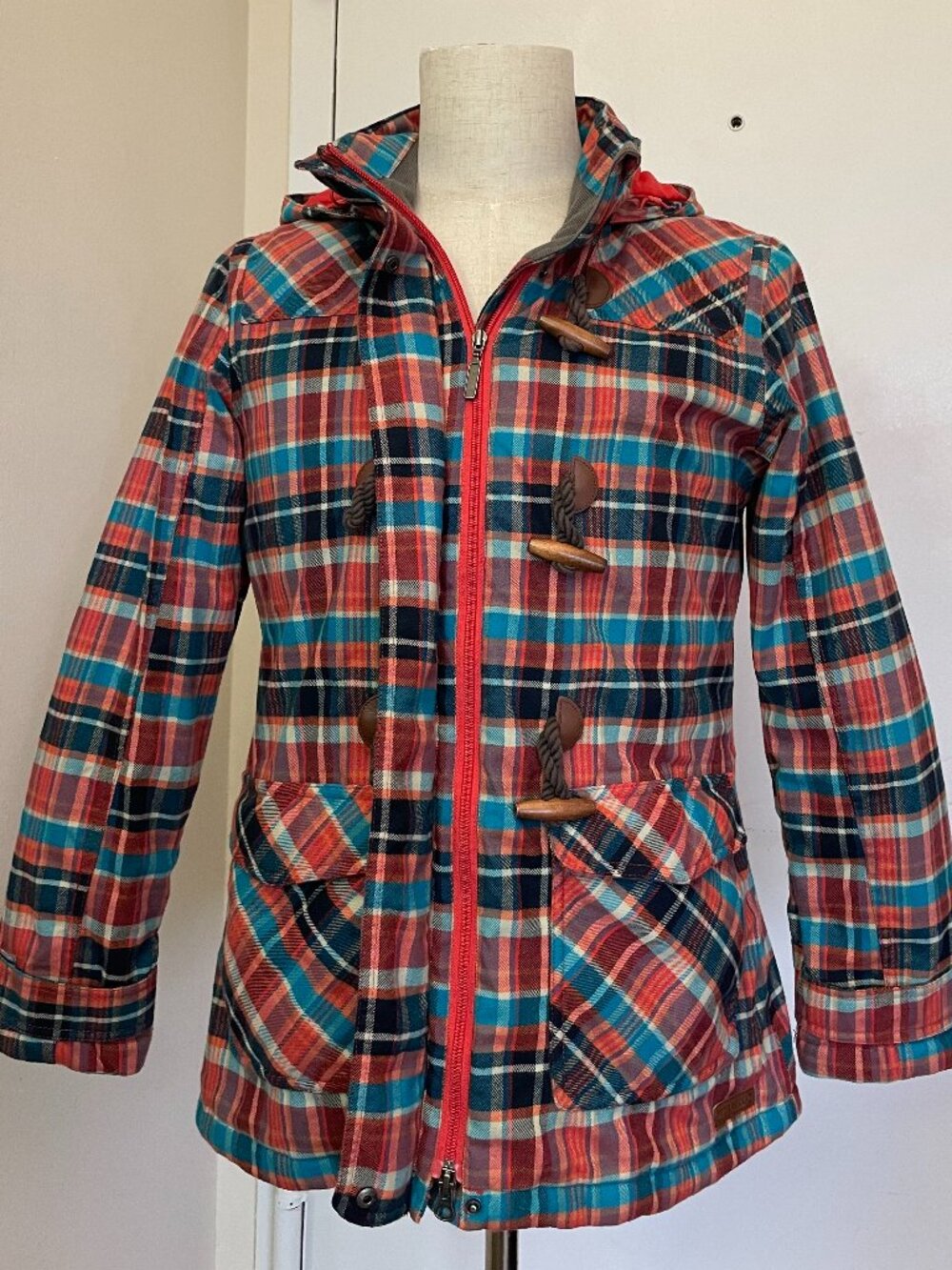 Merrell Aubrey Women’s Plaid Coat Size M Hooded Waterproof Toggle Closure Jacket
